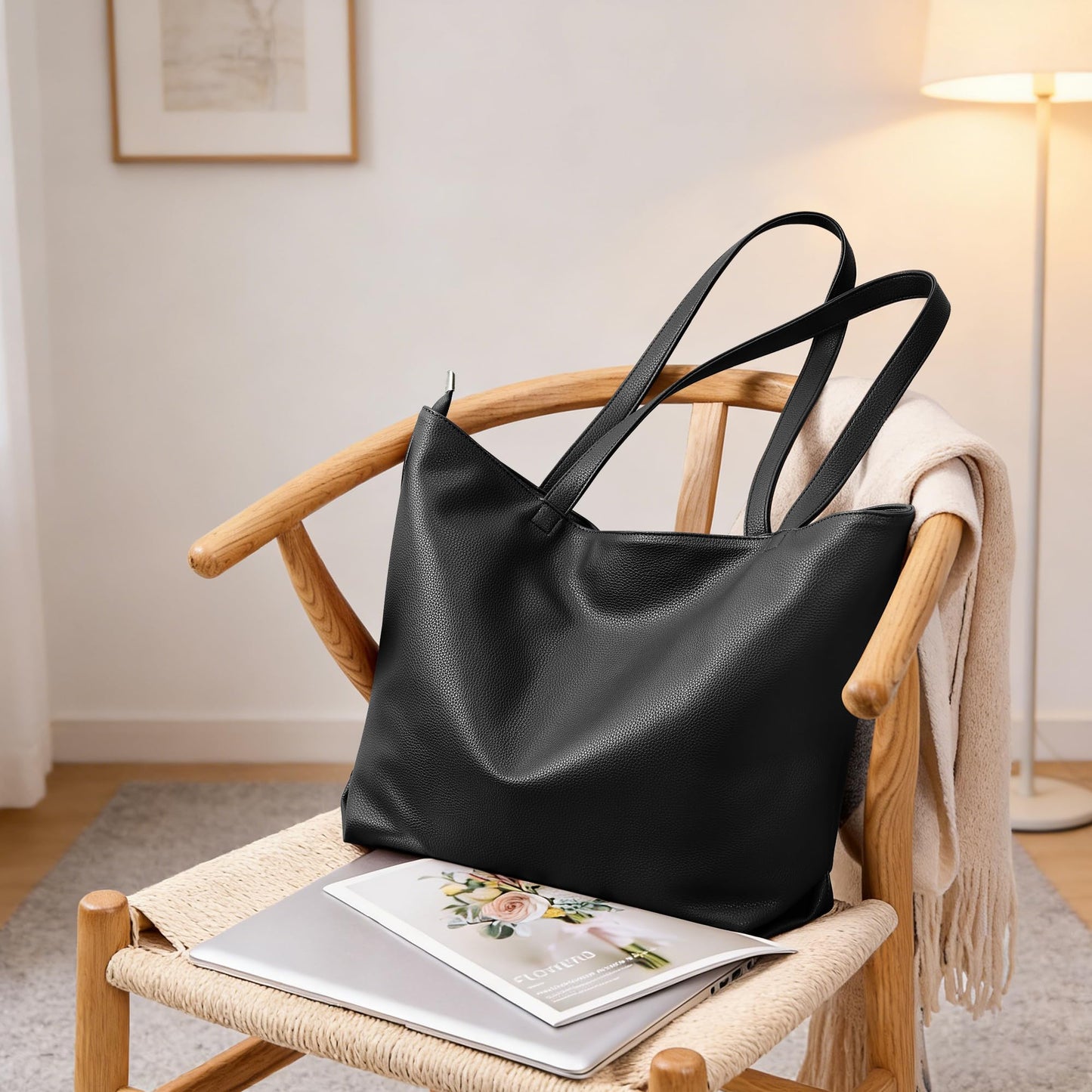WLLWOO Soft Vegan Leather Tote Bag for Women Large Casual Hobo Handbags Zipper Shoulder Work Daily Weekender Travel Purse, Black