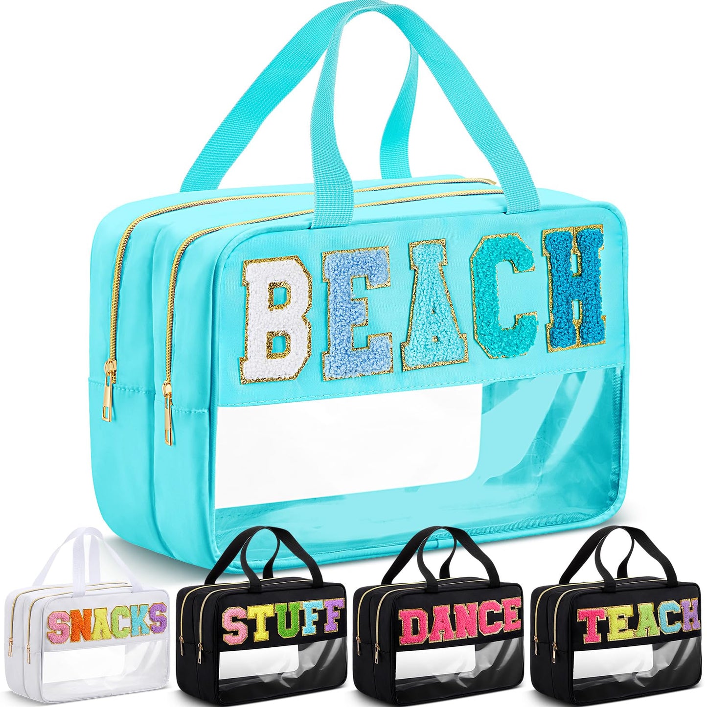 Pinkunn Large Clear Chenille Letter Bag Double Layer Makeup Patches Cosmetic Bag Zipper Pouch for Travel Waterproof Nylon Toiletry Makeup Supplies for Women Girls(Teal,Beach)