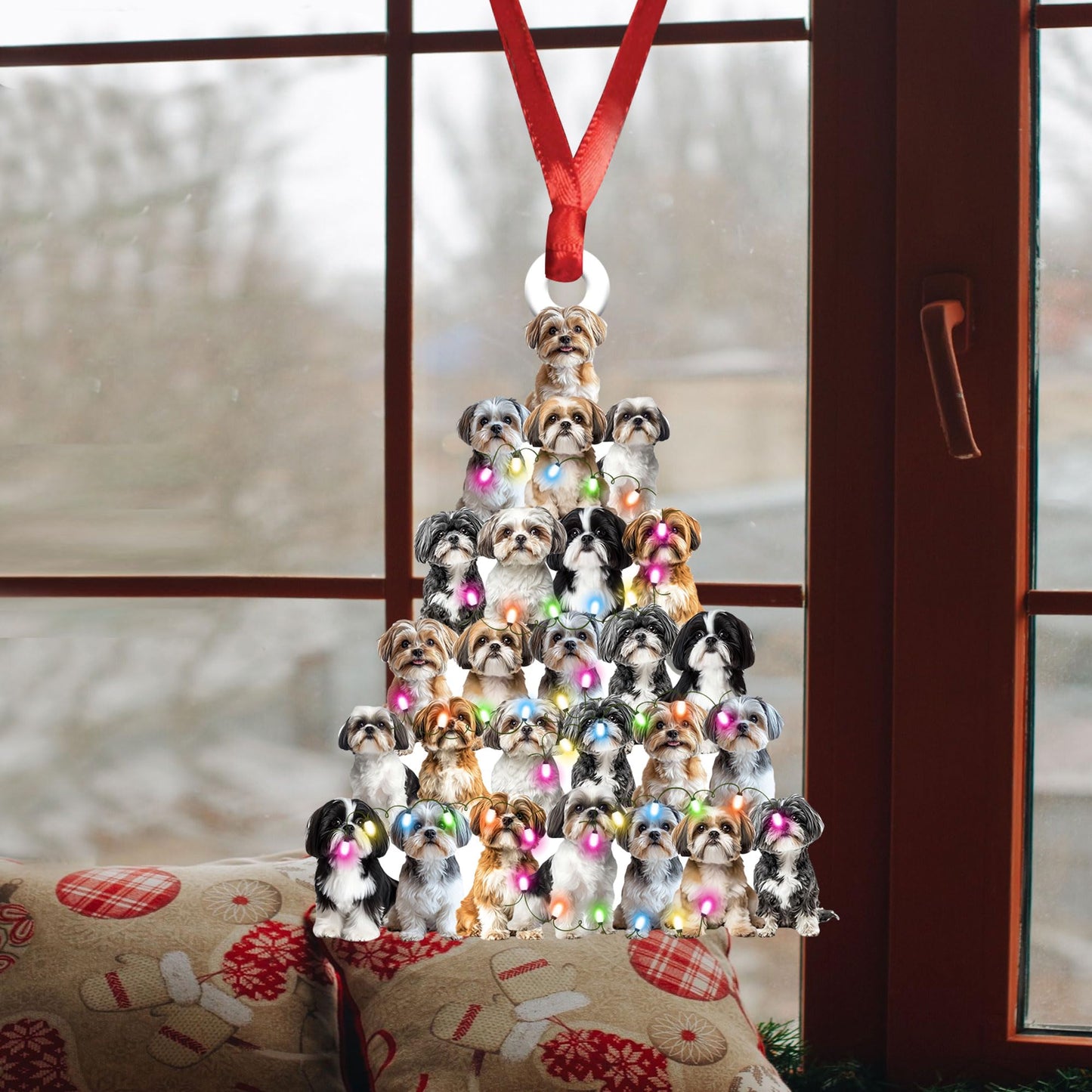 Talataca Lovely Shih Tzu Christmas Pine Tree Shape with String Light 2D Flat Car Rear View Mirror Accessories Christmas Tree Ornament Decoration Hanging Charm Interior Rearview Pendant Decor Gift