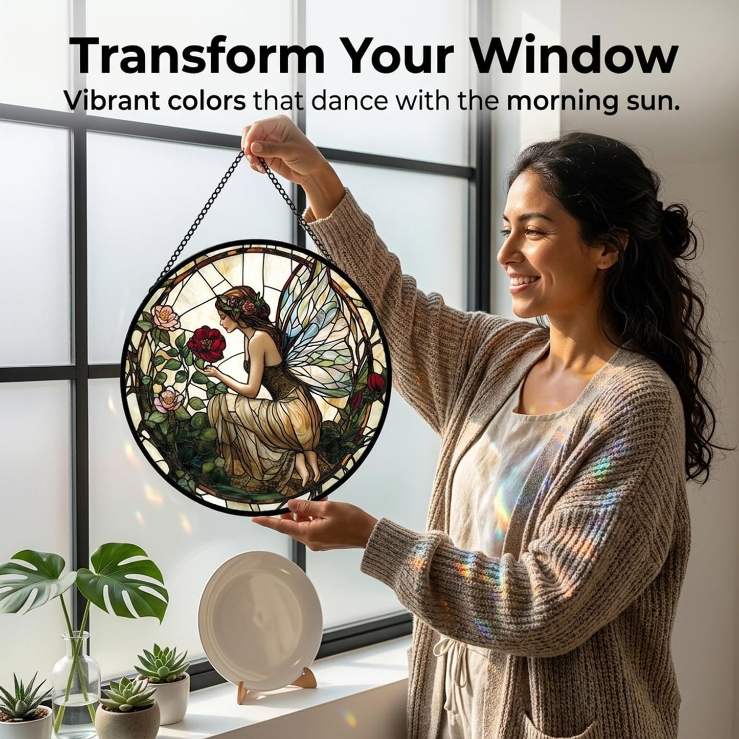 Birthday Gifts for Women - Butterfly Flower Fairy Faux Stained Glass Window Hanging Sun Catcher for Door Garden Acrylic Home Decor Mother's Day for Mom Nana Friend Grandma Wife 7.8"
