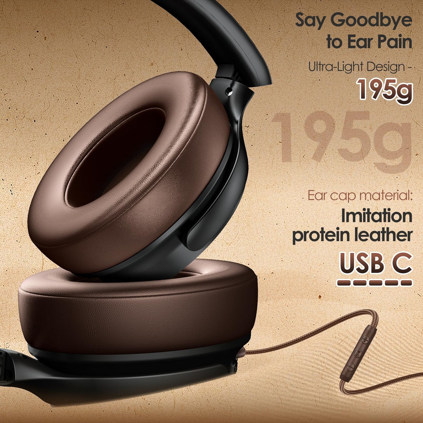 USB C Headphones Wired Headphones Over Ear with HD Mic, Foldable Active Noise-Canceling Headphone for iPad/Sports/School/Travel/iPhone 17/16/15, Samsung S25/S24, Google Pixel 9,Ideal Gifts-Brown