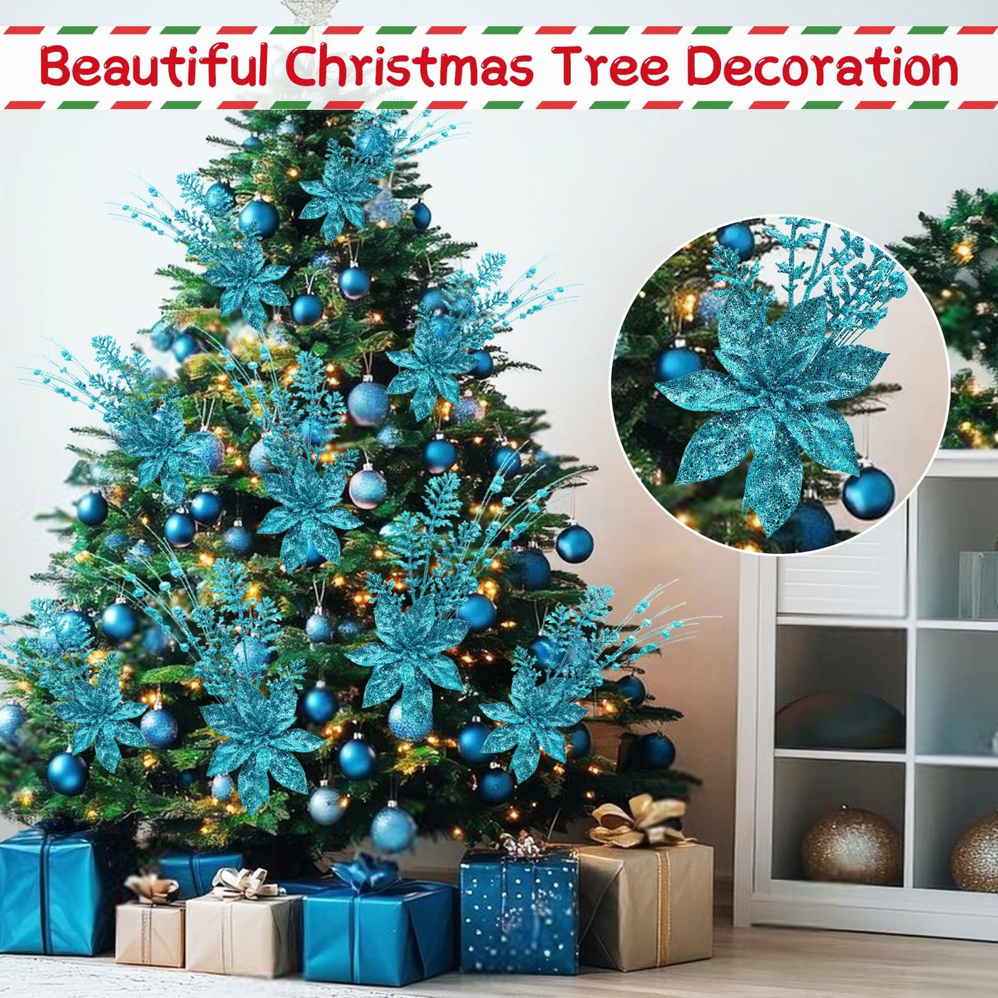 24 Pack Artificial Glitter Berry Stem Ornaments 17.5 Inch Fake Christmas Picks Decorations with Poinsettia Christmas Flowers, Bead Sticks for DIY Christmas Tree Wreath Wedding Small Vase Decor