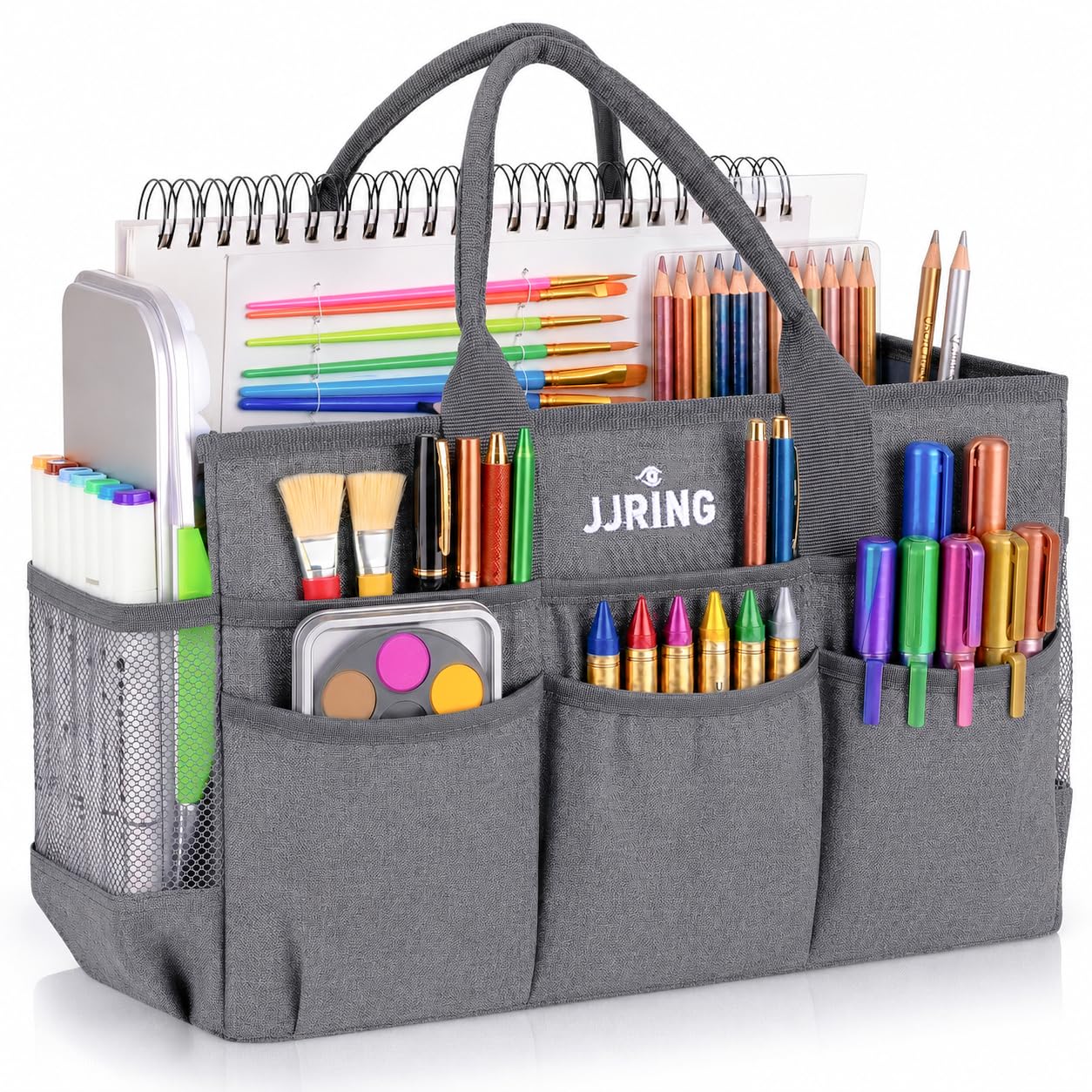 JJRING Large Art Supply Storage Tote Bag With 2 Mesh Side Pockets & Front Elastic Pockets – Sturdy Craft Organizer Caddy with Reinforced Bottom For Sewing, Scrapbooking, Teachers & Artists(Grey)