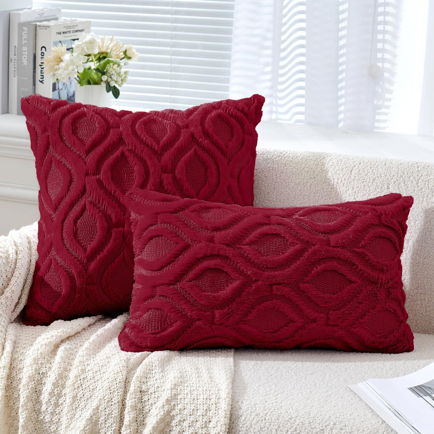 MIULEE Christmas Wine Red Throw Pillow Covers 12x20 Inch, Soft Winter Plush Faux Wool Couch Pillow Covers Set of 2 Decorative Farmhouse Boho Throw Pillows for Sofa Living Room Bed