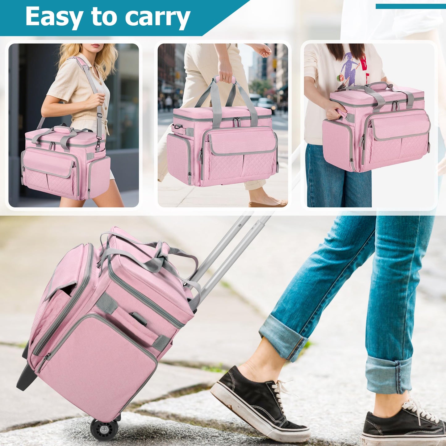 LUXJA Rolling Sewing Machine Case with Multiple Pockets, Sewing Machine Bag with Wheels and Detachable Shoulder Strap (Compatible with Most Standard Sewing Machines), Pink