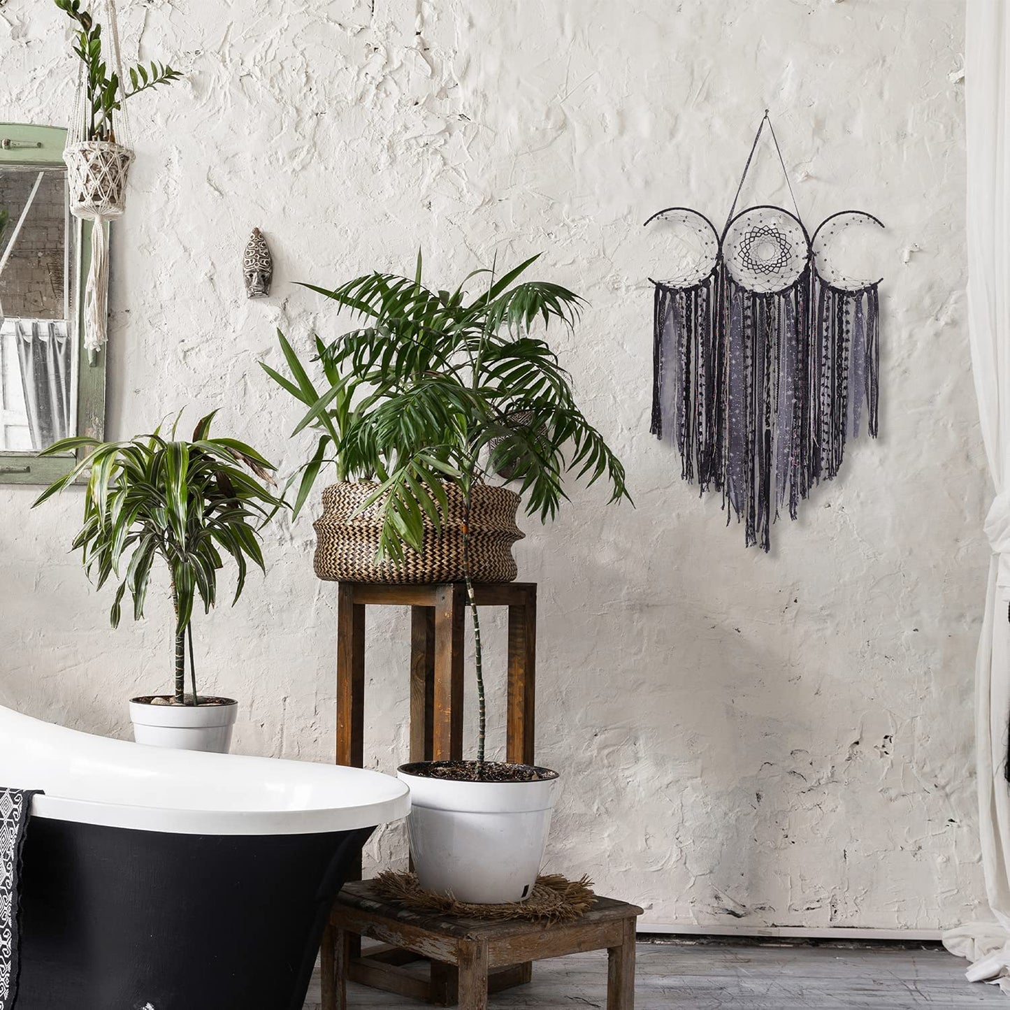 ANROYE Black Triple Moon Goddess Macrame Wall Hanging, Wicca Crescent Dream Catcher for Witch Home, Dreamcatcher for Bedroom Decoration, Pagan Woven Tapestry for Wiccan Adults Decor