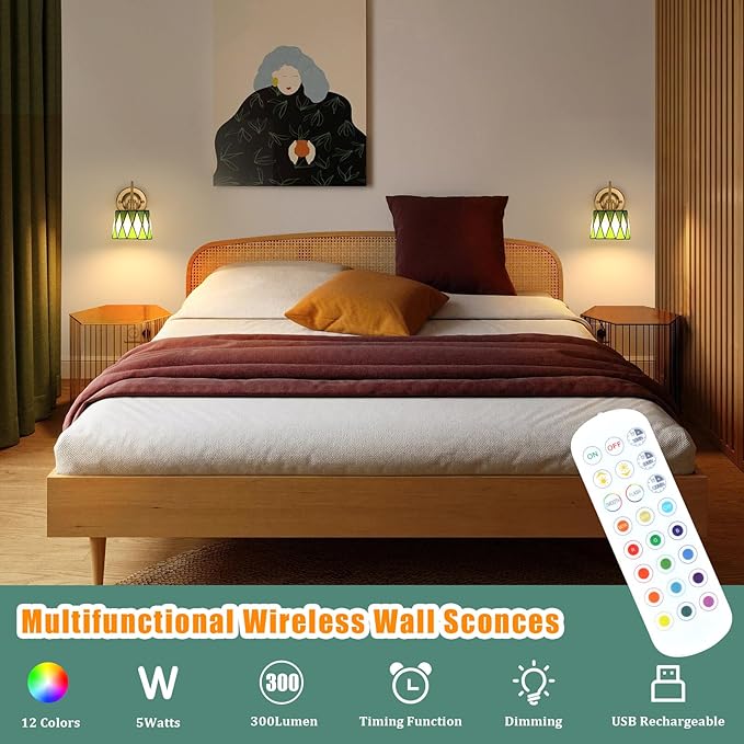 Vintage Battery Operated Wall Sconce with Remote, Rechargeable LED Wall Lamp 3 Colors Dimmable, Gold Wall Lights Fixture for Bedroom Bathroom Living Room Hallway Green Checker