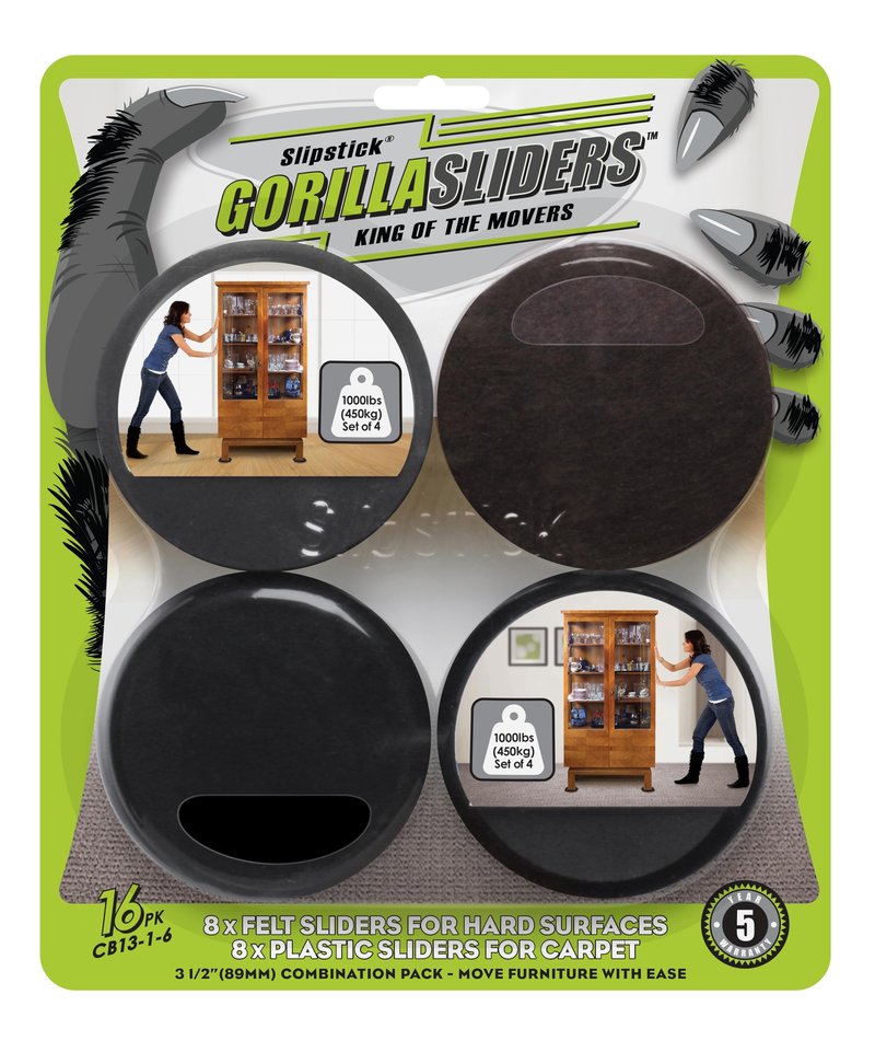 Slipstick GorillaSliders Premium Furniture Sliders for All Floor Surfaces (16 Piece Moving Kit) Reusable 3.5” Round Furniture Movers for Sliding Furniture on Hardwood & Carpet, Black, CB13-1-16