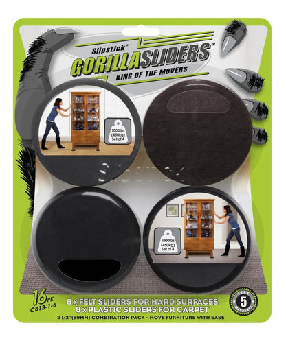Slipstick GorillaSliders Premium Furniture Sliders for All Floor Surfaces (16 Piece Moving Kit) Reusable 3.5” Round Furniture Movers for Sliding Furniture on Hardwood & Carpet, Black, CB13-1-16