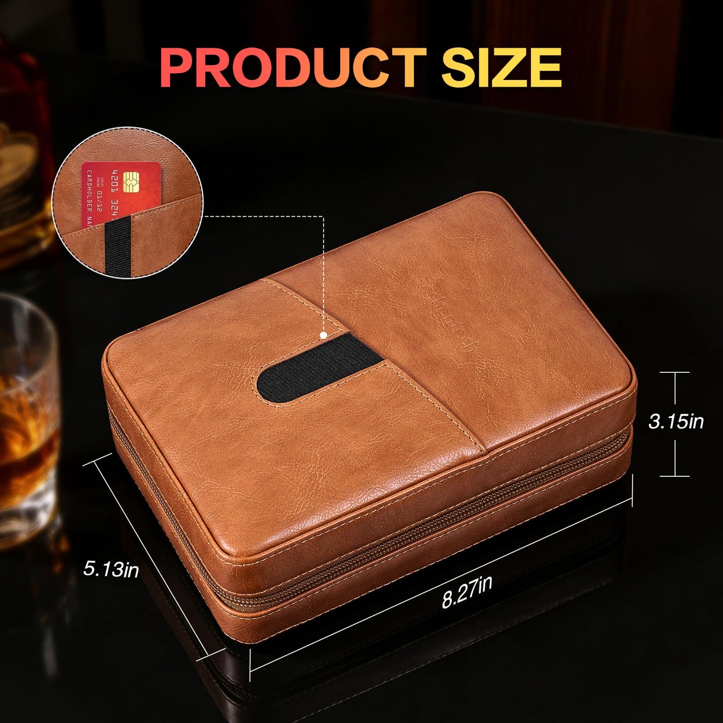 Leather Cedar Wood Case, Travel Box with Hygrometer, Capacity: 6pcs,Draw Enhancer Tool, Gifts for Men(Brown)