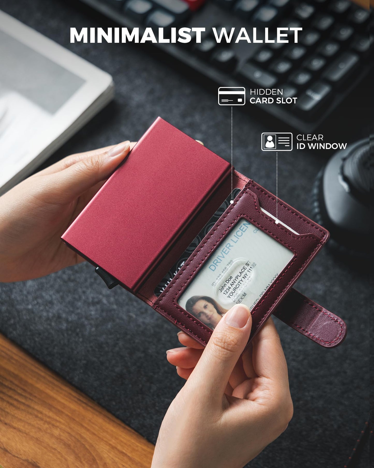 VULKIT Slim Bifold Pop up Wallet Minimalist Leather Card Holder RFID Blocking Metal Card Case with ID Window for Women(Wine)
