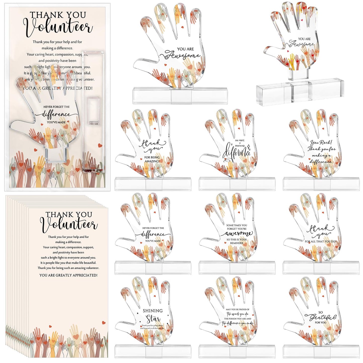 Juinte 10 Sets Volunteer Appreciation Gifts 10 Styles Acrylic Desk Sign with Thank You Cards for Volunteer Week Christmas Recognition Gifts Hand Shaped Plaques Desk Decor Accessories