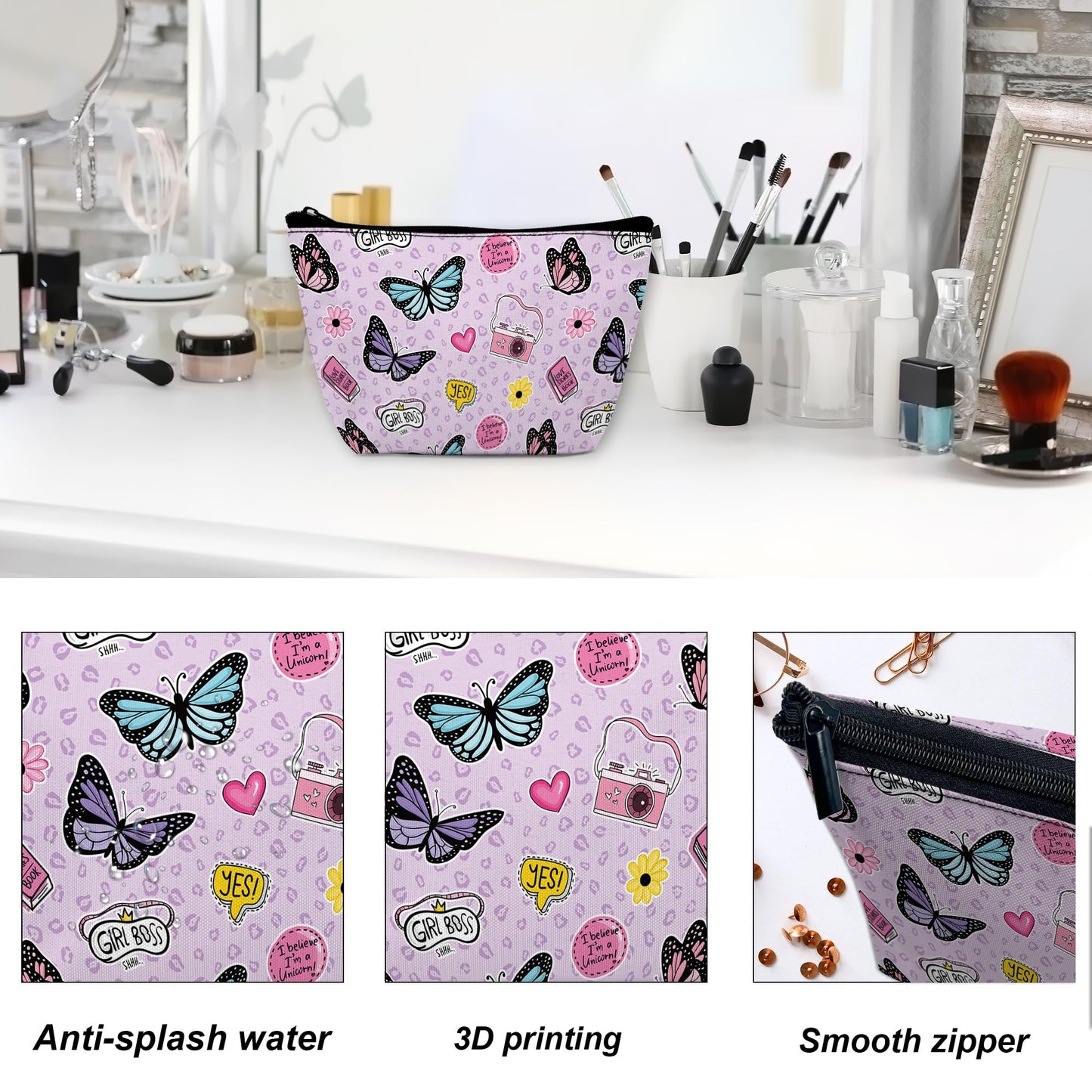 DEMACYA Makeup Bag for Purse, Waterproof Funny Cute Cartoon Butterflies Cosmetic Bag for Women, Zipper Travel Toiletry Pouch Gift 9.5×5.9 Inch