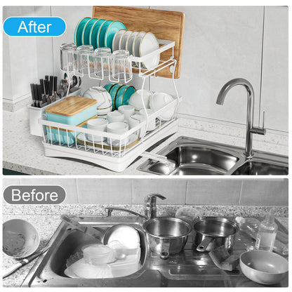 7 code Large Dish Drying Rack for Kitchen Counter, Detachable Large Capacity Dish Drainer Organizer, 2-Tier Dish Racks with Utensil Holder, Black
