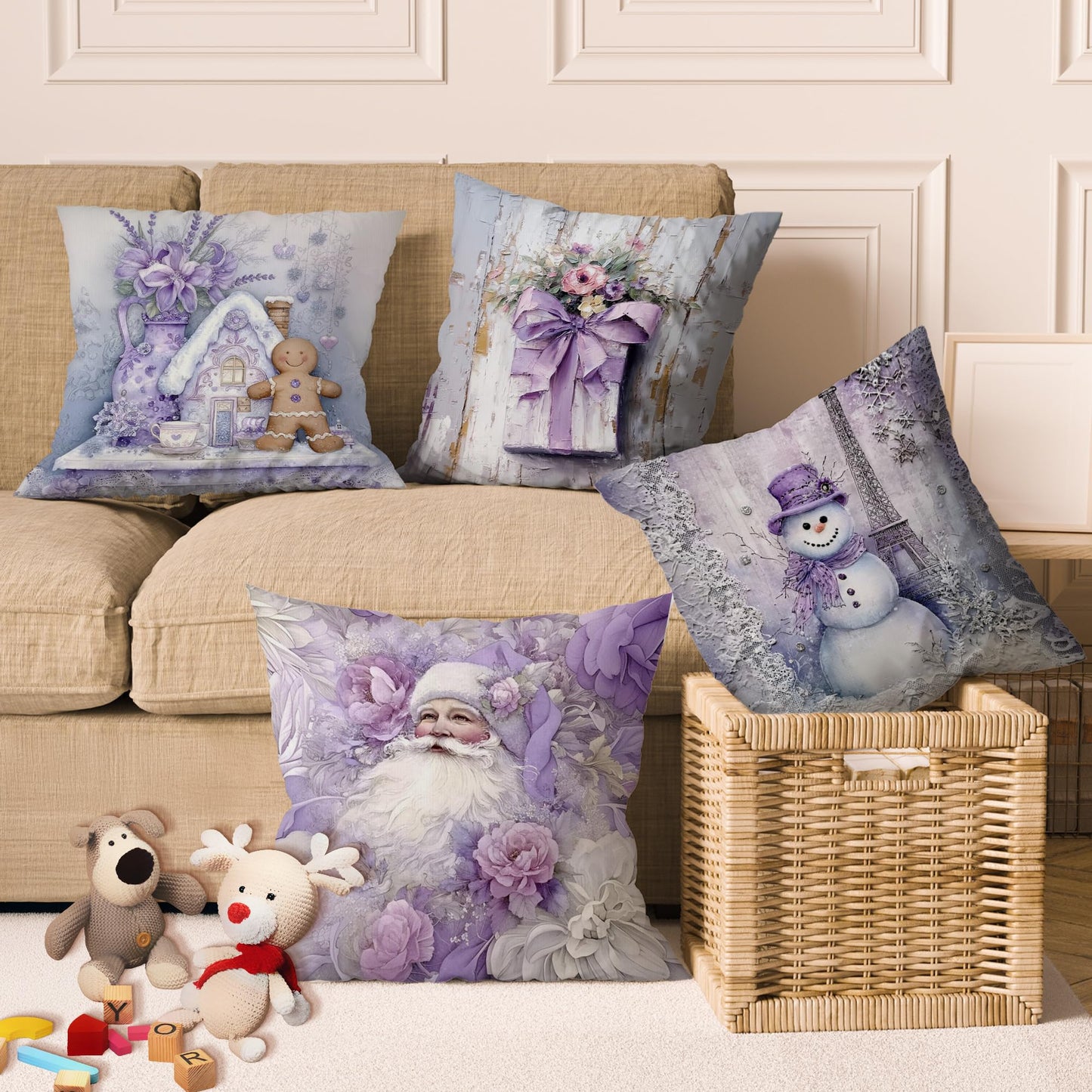 Yorhifa Purple Christmas Pillow Covers 18x18 Inches Set of 4, Christmas Home Decor, Preppy Xmas Santa Snowman Decorative Pillowcase Cases, Winter Throw Pillow Covers for Couch Sofa Bed Home Room Decor