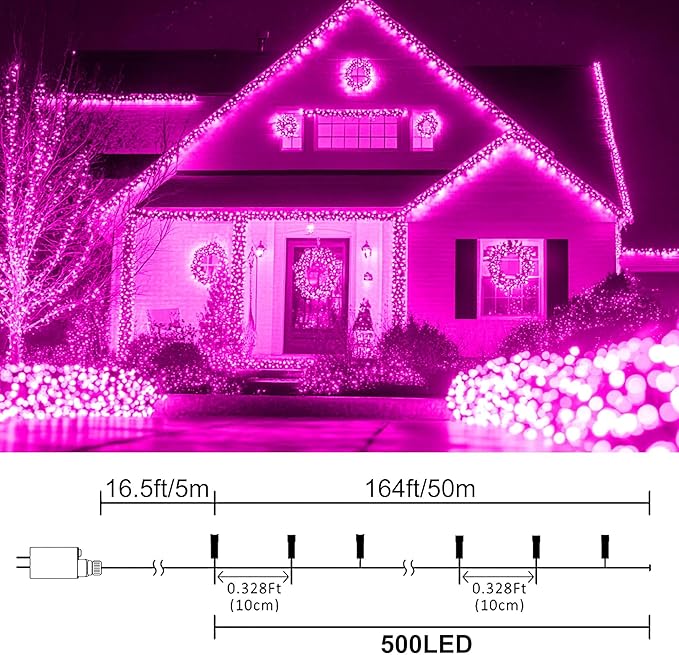weillsnow Pink Christmas Lights Outdoor, 164 FT 500 LED String Lights Plug in, 8 Modes Waterproof Fairy Lights for Valentines Day, Christmas, Party, Wedding, Bedroom, Garden Decorations