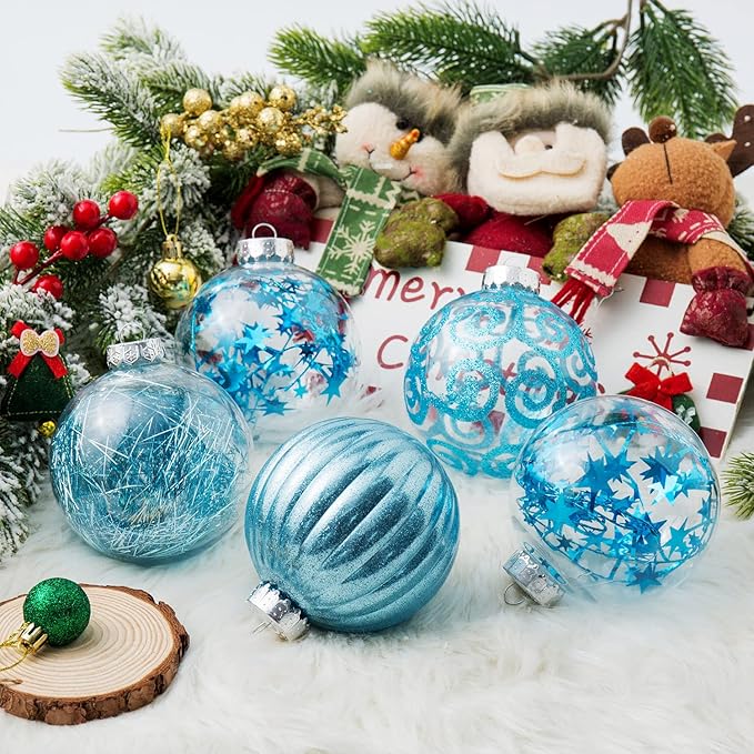 XmasExp 8ct Christmas Ball Ornaments Set -Large Clear Plastic Shatterproof Xmas Tree Ball Hanging Baubles Stuffed Delicate Glittering for Holiday Wedding Xmas Party Decoration (100mm/3.94",light blue)