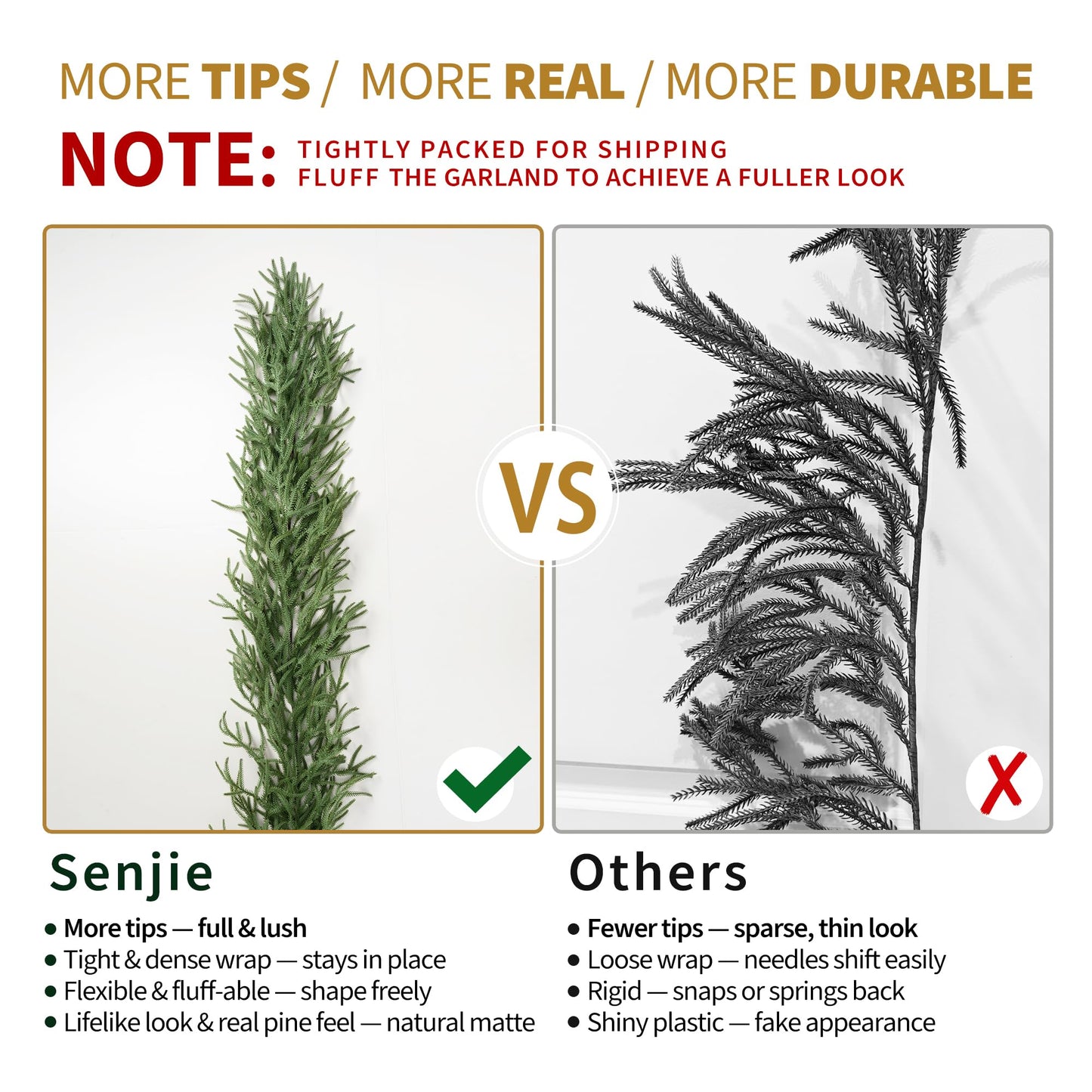 9FT Christmas Garland Norfolk Pine Garland Real Touch Artificial Greenery Garland for Mantle Fireplace Table Indoor Outdoor Holiday Decortions