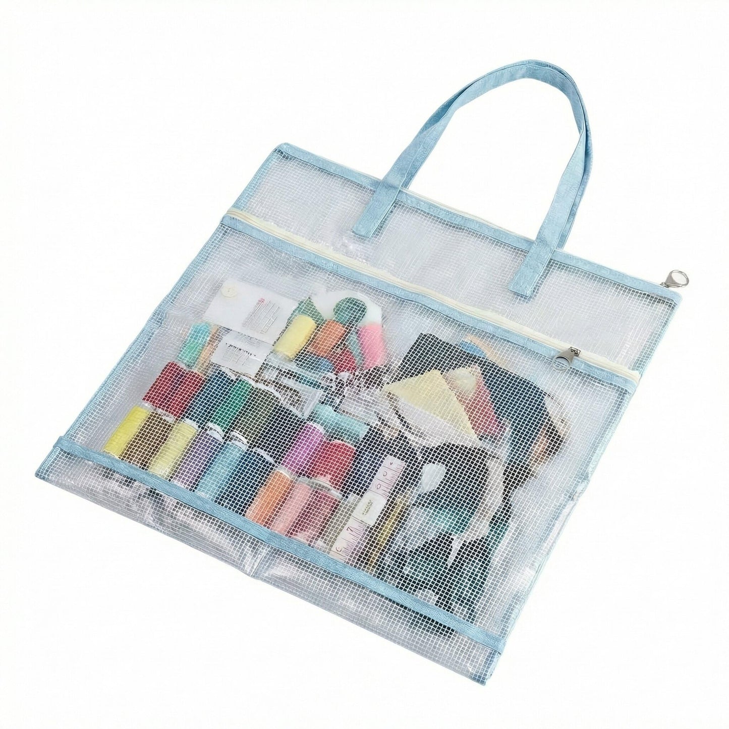 Daxolanz Jumbo Craft Project Bag 16.5”x16.5” – Portable See-Through Mesh Sewing Organizer with Handles & Zipper, Ideal for Quilting, Knitting, Needlepoint, Embroidery & Art Projects (Blue)