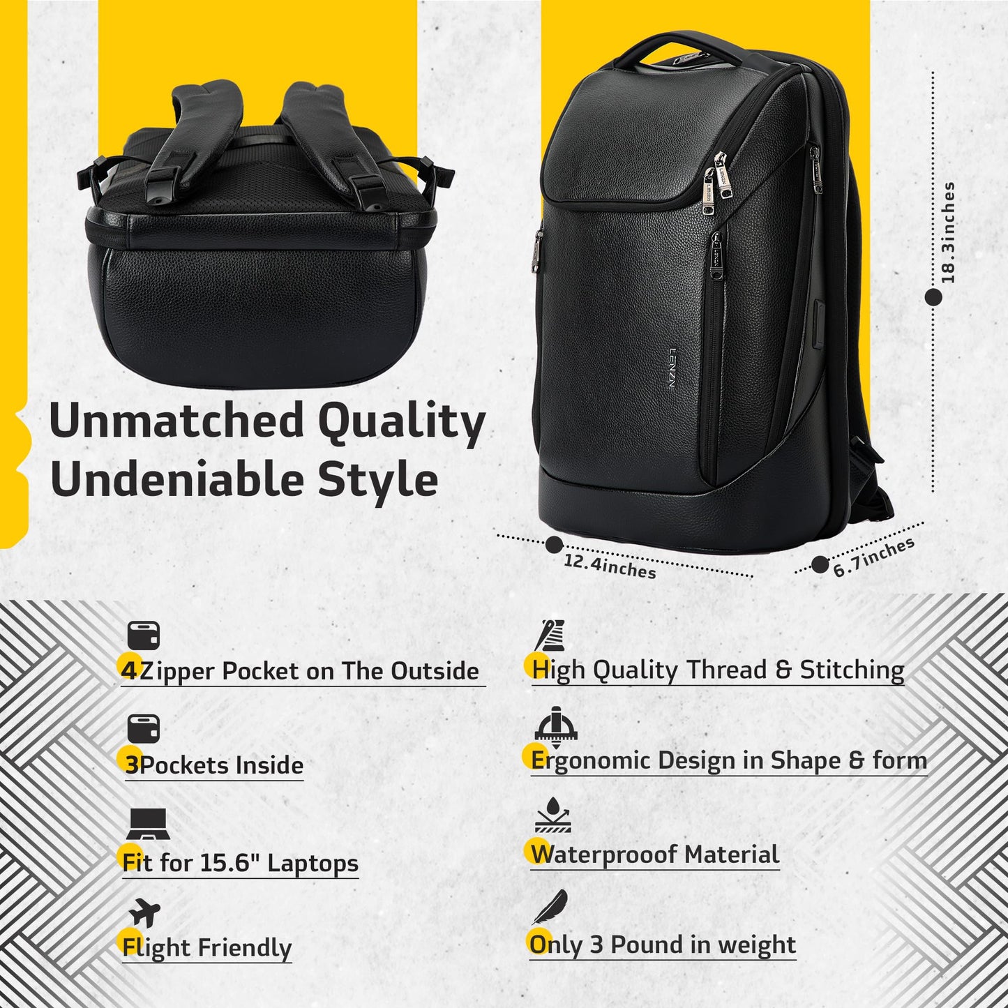 LENZN Durable Leather Laptop Business Backpack Perfect for Men & Women, Work Backpack Fits 15.6 Inch, Premium Quality Travel Bag with USB Charging Port, Water-Resistant, Bookbag with Multiple Pockets