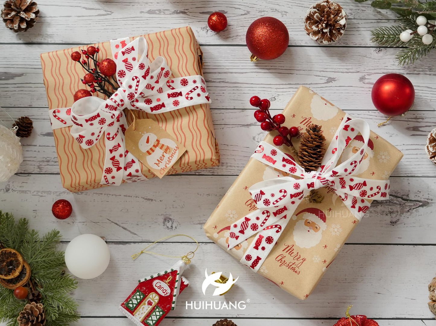 HUIHUANG Candy Cane Christmas Velvet Ribbon 1 inch White Velvet Ribbon with Red Candy Cane Print Ribbons for Gift Wrapping, Tree Ornaments, Wreaths, Garlands, Home Decor- Continuous 10 Yards