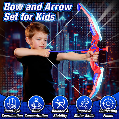 HYES Bow and Arrow for Kids, LED Light Up Archery Set with 12 Suction Cup Arrows, 1 Hanging Target, 3 Score Targets & 1 Quiver, Indoor Outdoor Sport Gifts for Boys Girls Ages 4-12, Blue