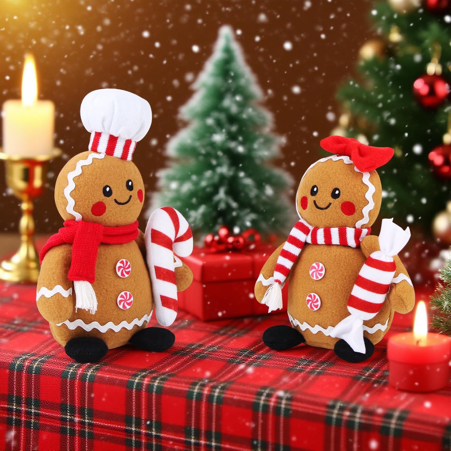BWFY Christmas Gingerbread Man Plush Toys Set of 2, Festive Gingerbread Couple Stuffed Animals with Candy Props, Xmas Decorations & Gifts, Christmas Holiday Home Decor