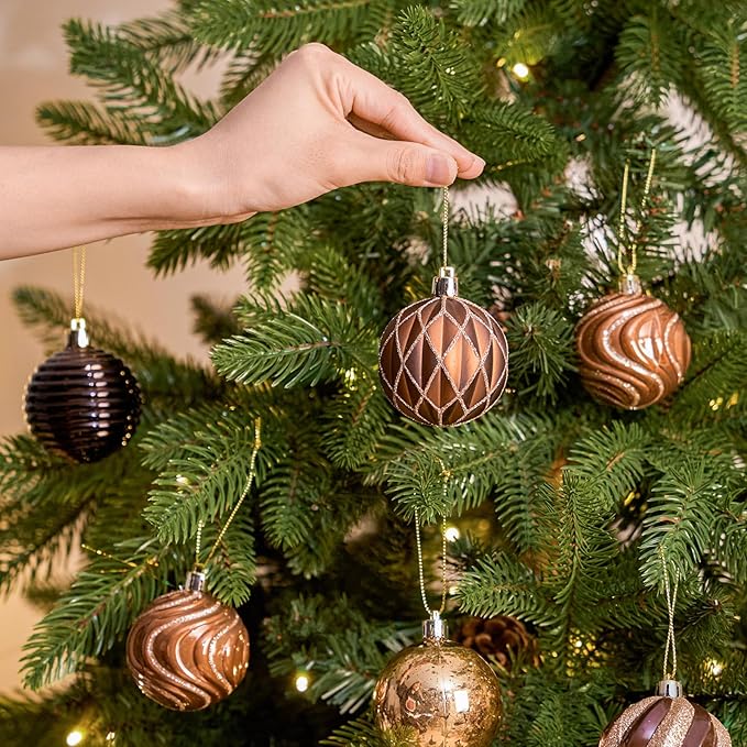 JORNOY Christmas Balls Ornaments, 30ct Shatterproof Xmas Tree Decorations, Hanging Bulbs Baubles Set with String for Holiday Home Party Decor, 2.36 inch/60mm, Brown Gold
