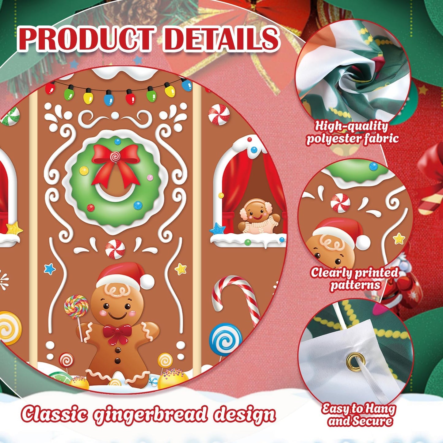 4pcs Gingerbread House Door Cover Decorations, Christmas Gingerbread Door Banner Backdrop for Christmas Holiday Party Decor, 110.24 * 98.43 in