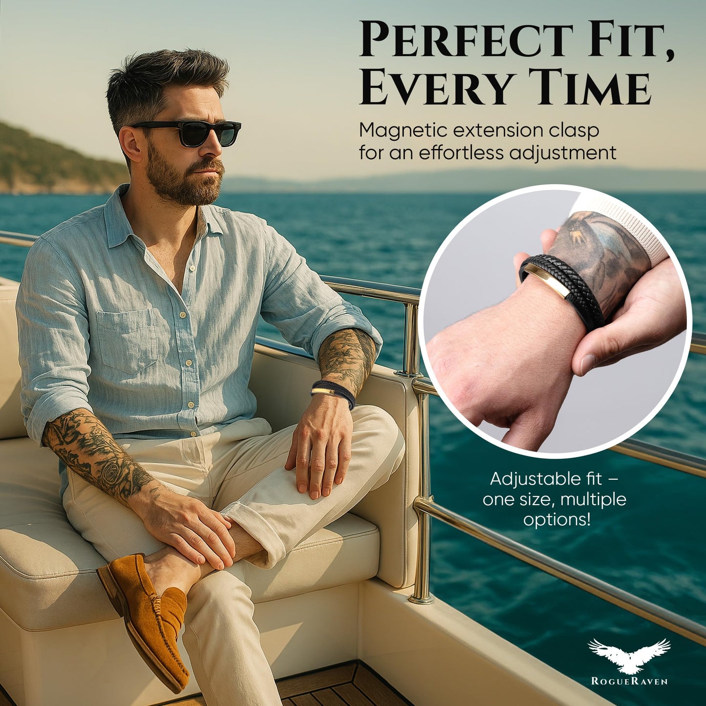 RogueRaven Black Leather Bracelet for Men – Premium Collection – Brown Black Gold Silver | Genuine Leather Mens Bracelet with Stainless Steel Clasp [Adjustable] | In Luxury Gift Box