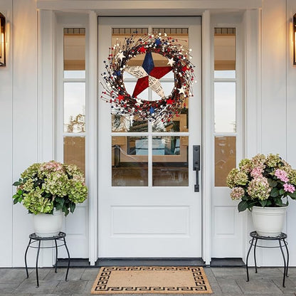 22IN Artifical Patriotic Wreath 4 of July Wreath with Berry, Star for Front Door Wall Decor Indoor Outdoor