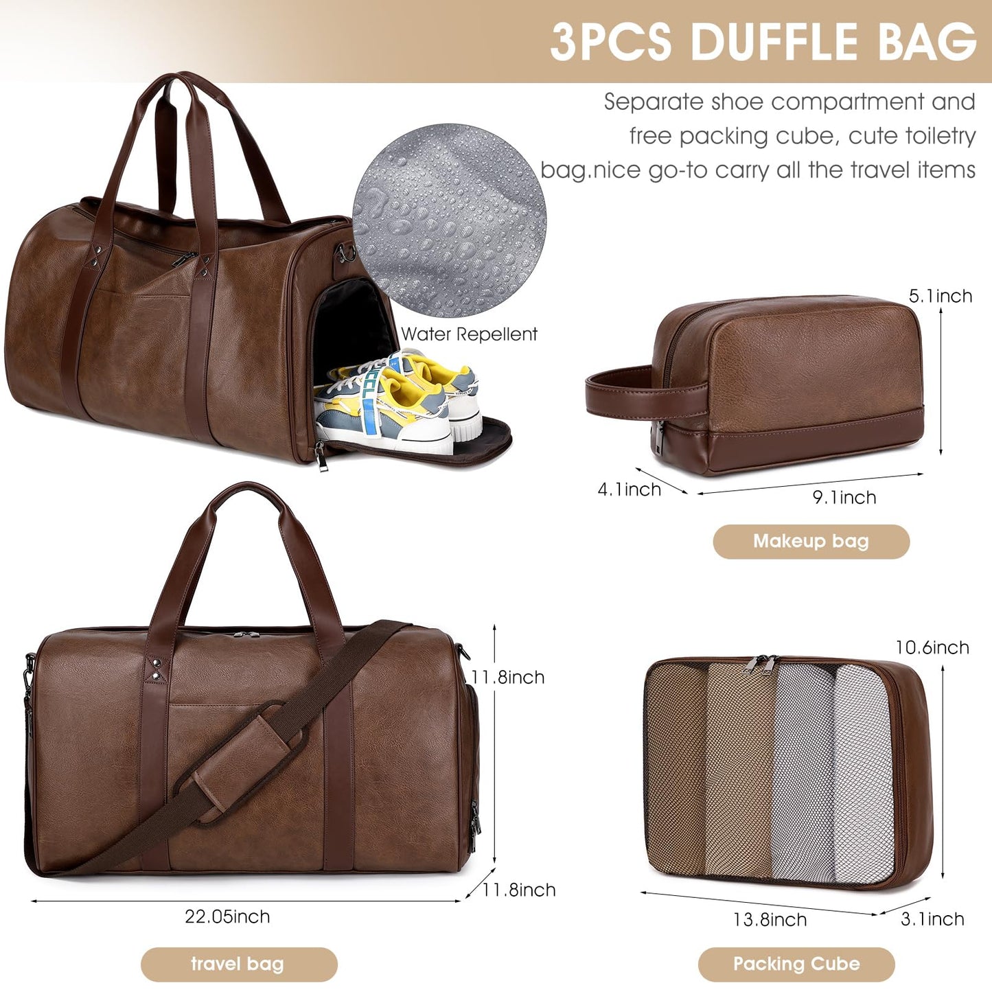 Wogarl 3PCS Faux Leather Weekender Bag for Women Men Large Overnight Travel Duffel Bags with Shoe Compartment Toiletry Packing Cube Carry On Duffle Fit 21" Laptop(Coffee)
