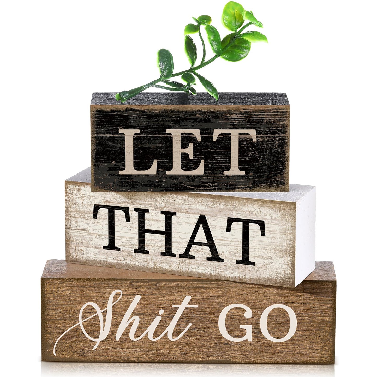 Moucuny 4 Pcs Bathroom Shelf Decor Sign Farmhouse Bathroom Decor and Accessories Rustic Eucalyptus Leaves Wood Block Sign Gift Let That Shit Go Funny Farmhouse Table Centerpiece for Home Office Toilet