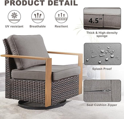 Rilyson Outdoor Patio Swivel Rocker Chairs - Wicker Rattan Patio Swivel Rocking Chairs Set of 2 with Metal Wide Armrest, Thick Cushions and Deep Seating for Deck Porch Sunroom Garden(Brown/Grey)