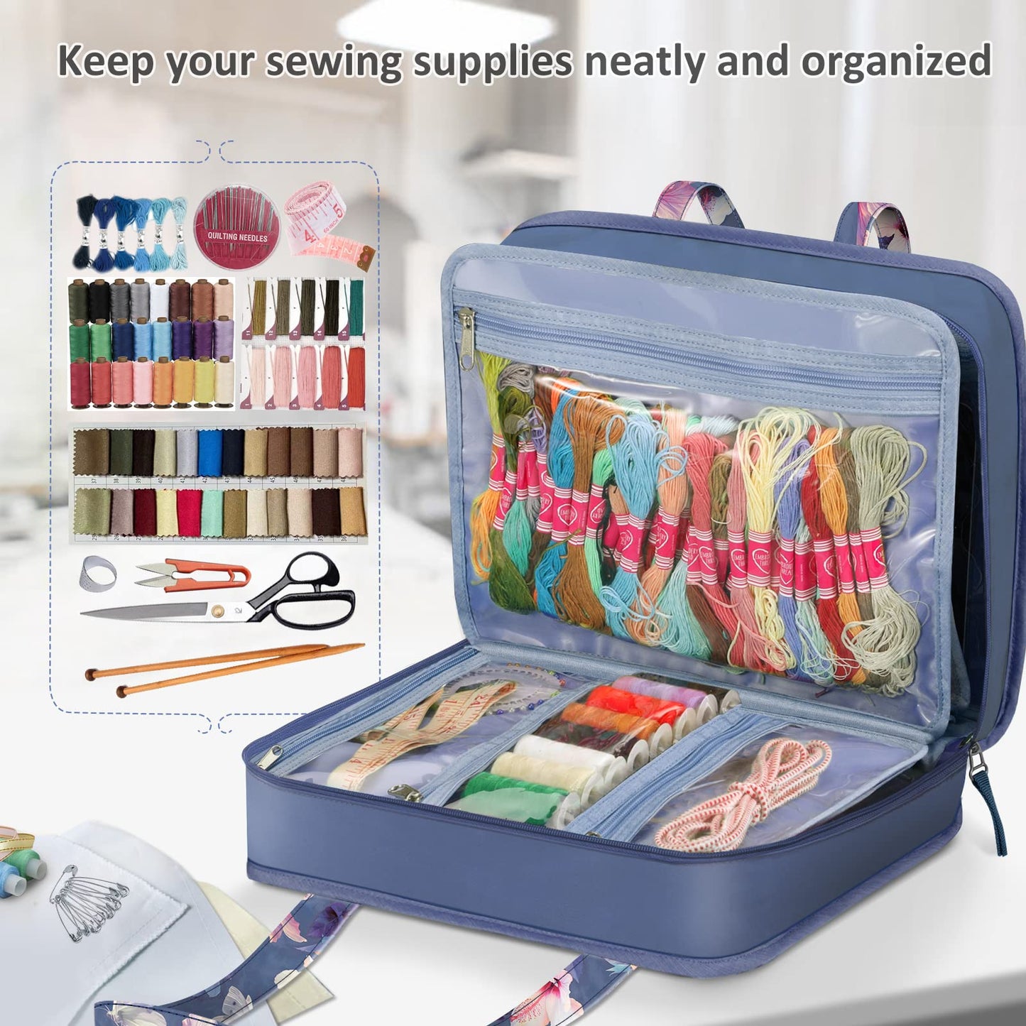 FINPAC Sewing and Craft Supplies Storage Tote, Large Capacity Travel Packing Organizer Bag with Clear Pockets and Handle for Knitting, Crochet, Art, Sewing Accessories (Blooming Hibiscus)