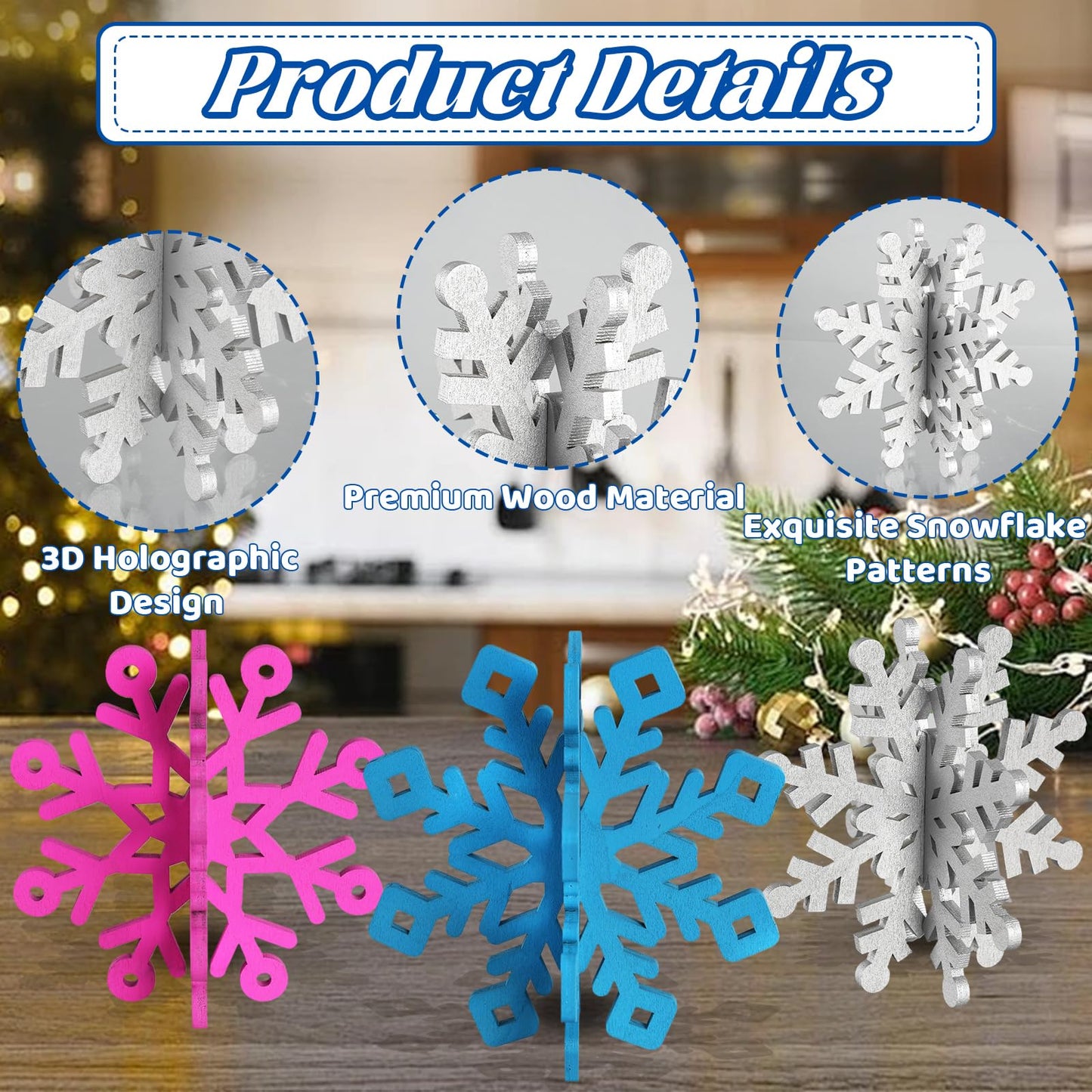 OuMuaMua 12 Sets Snowflake Christmas Table Decorations - 24pcs Blue Fuchsia Purple Sliver Wooden 3D Snowflake Decor Tabletop Centerpieces for Christmas Party Supplies Home Decor