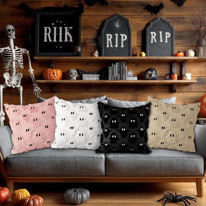 Lanpn Halloween Pillow Covers 18x18 Set of 2, Ghost Throw Pillowcases Soft Plush Faux Fur Wool Decorative Pillow Cover 18x18 Cushion Covers for Sofa Couch Chair Bed Halloween Home Decor (Beige)