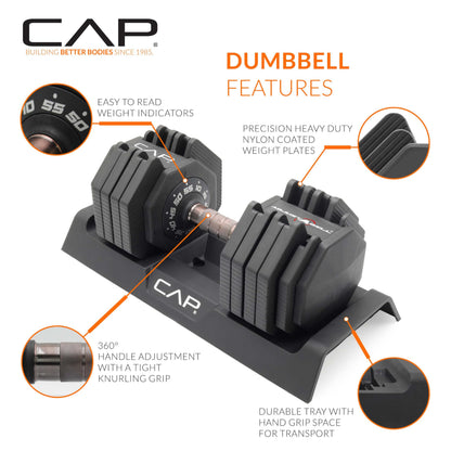 CAP Barbell ADJUSTABELL Adjustable 55 lb Hex Dumbbell Weights - Singles & Pairs | Multiple Handle Options