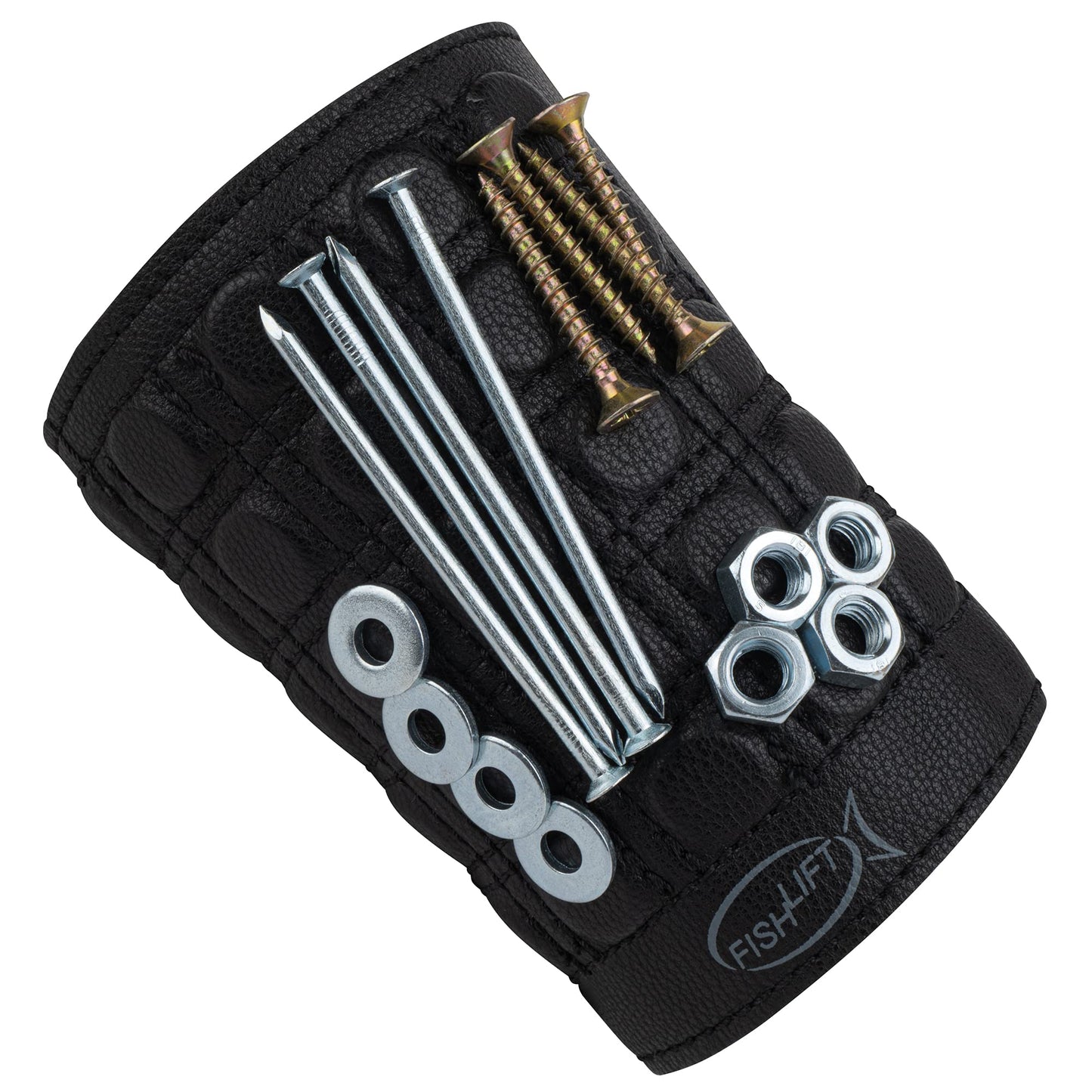 The Fishlift Magnetic Armband- Toolbelt for Your Arm with 25 Powerful Magnets, Stretchable Fabric and Real Leather - Hold Screws, Bits, and Nails.