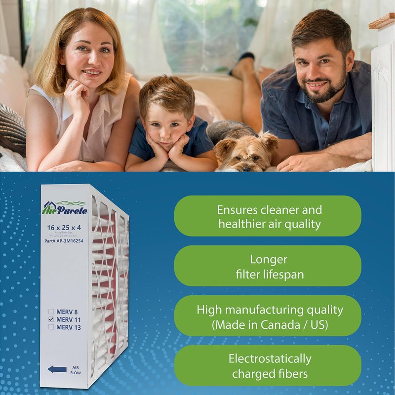 AirPurete 16x25x4 MERV 11 Air Filter, Pack of 2, Actual Size (15.50 x 24.50 x 3.75), Pleated HVAC Furnace Filter, Fits Lennox, Carrier, Bryant, Payne & Honeywell Devices