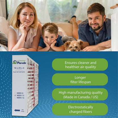 AirPurete 16x25x4 MERV 11 Air Filter, Pack of 2, Actual Size (15.50 x 24.50 x 3.75), Pleated HVAC Furnace Filter, Fits Lennox, Carrier, Bryant, Payne & Honeywell Devices