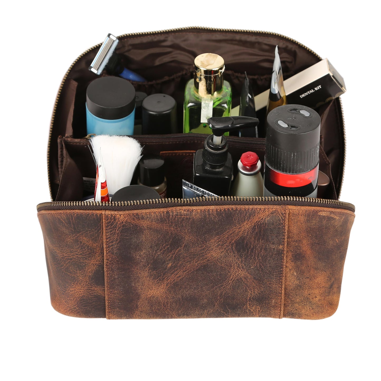 KomalC Luxury Leather Men’s Toiletry Travel Bag – Handmade Shaving Kit with Waterproof Interior, Spacious Storage & Carry Handle – leather travel Kit Bag for Men & Women (Dark Brown)
