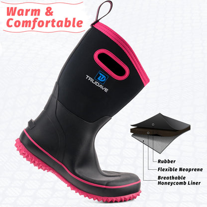 Trudave Rubber Boots for Women, Mid Calf Rain Boots, Womens Waterproof Boots, Neoprene Insulated Outdoor Work Mud Boots for Hunting Farming Gardening Fishing, Pink, Size 10