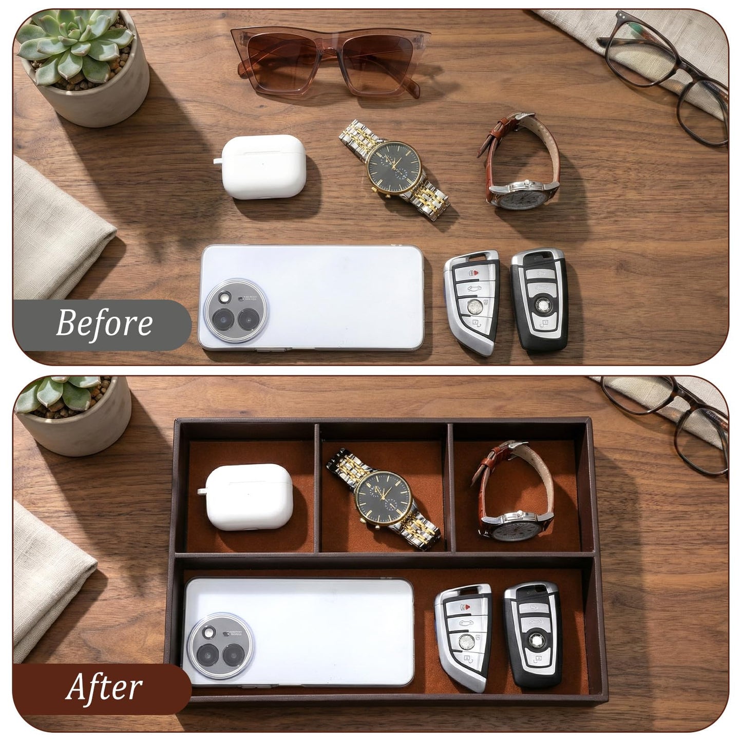 Kegeeei 2 Pack Leather Valet Tray for Men - Premium PU Leather Desk & Nightstand Organizer, Stackable Storage Tray for Keys, Wallet, Watch, Phone, Jewelry in Black & Brown