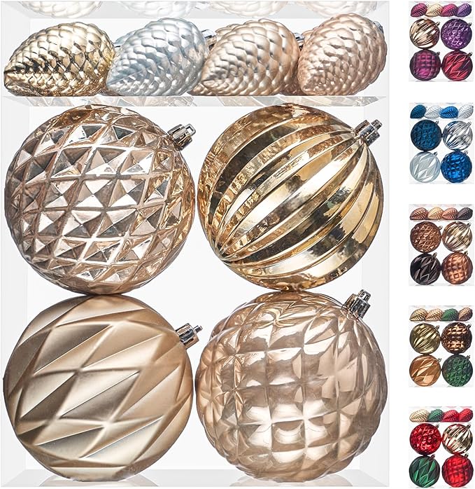 JORNOY Christmas Tree Ornaments, 4inch/100mm Shatterproof Ornaments for Christmas Tree Set - Large Plastic Decorative Hanging Balls Ornaments for Xmas Tree Decorations Party, 12ct (Champagne)