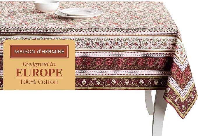 Maison d' Hermine Table Cloth Rectangle Table 100% Cotton 70 x 120 Inches Fall Tablecloth Reusable Everyday Use for Thanksgiving Christmas Decorations Dining Farmhouse Party (Reveillon Au Jardin)
