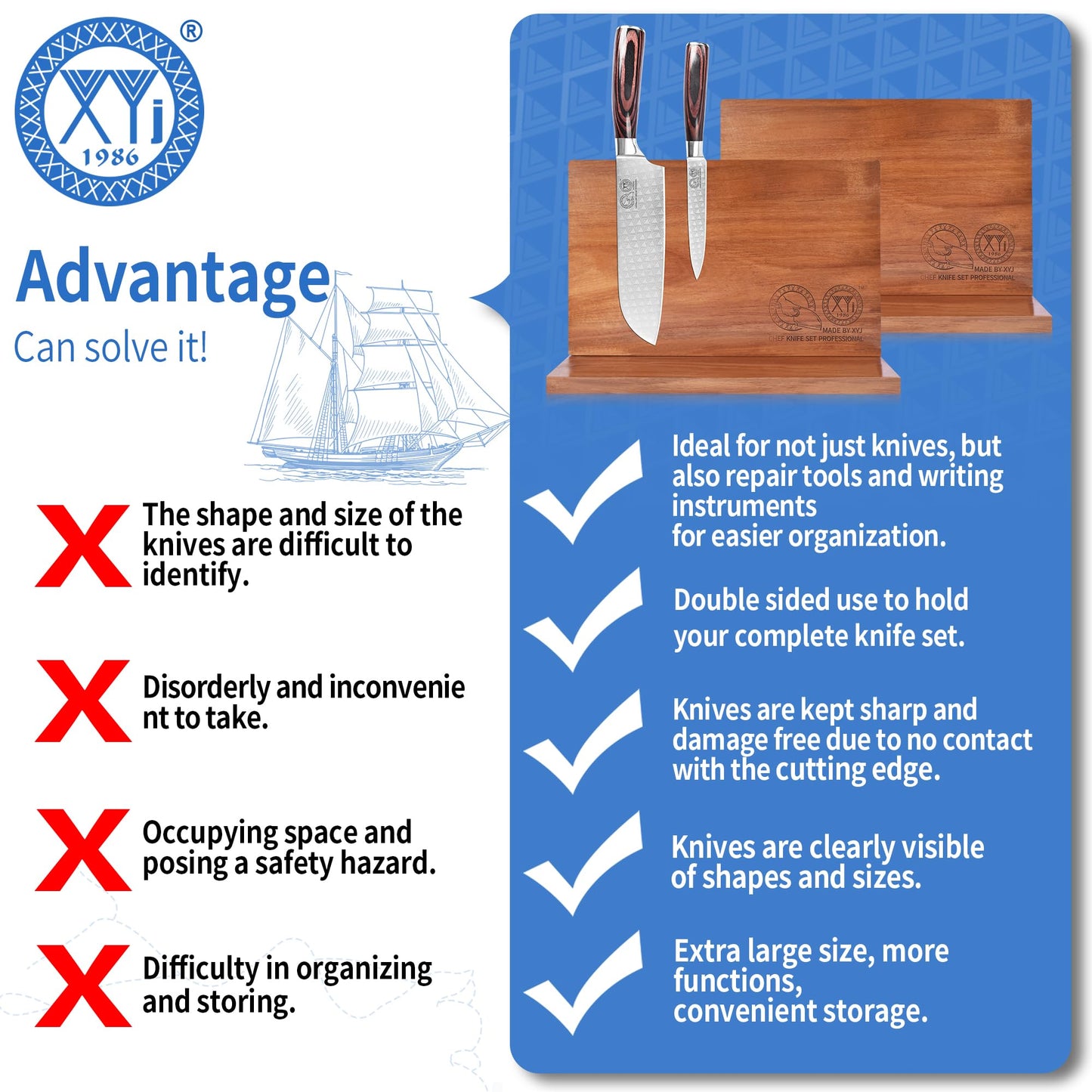 XYJ Authentic Since 1986, Magnetic Knife Block, Double Side Kitchen Knife Stand, Acacia Wood, Magnetic Knife Holder with Strong Enhanced Magnets,Knives Storage Rack Stand for Home Kitchen