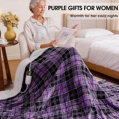 Heated Blanket Electric Throw, 50X60, Heating Throw with 10 Heating Levels & 8 Hours Auto Off, Purple Plaid Checkered Sherpa Blanket Warmer for Couch Bed Office, Gifts for Mom Women Grandma Home Decor