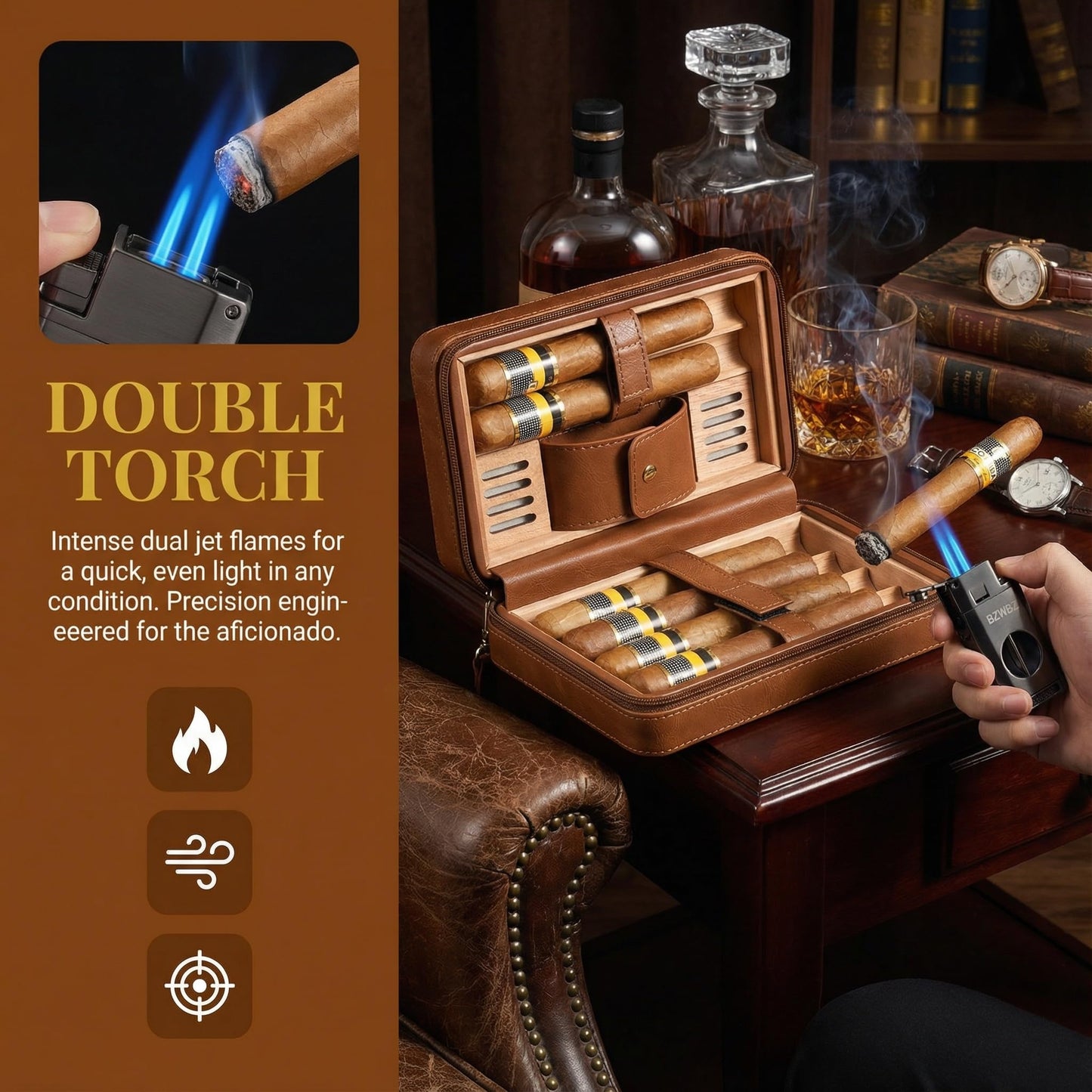 BZWBZ Travel Cigar Case Set,Torch Lighter with Cigar V Cutter, Hole Punch, Spanish Cedar Wood Humidor,Brown Leather