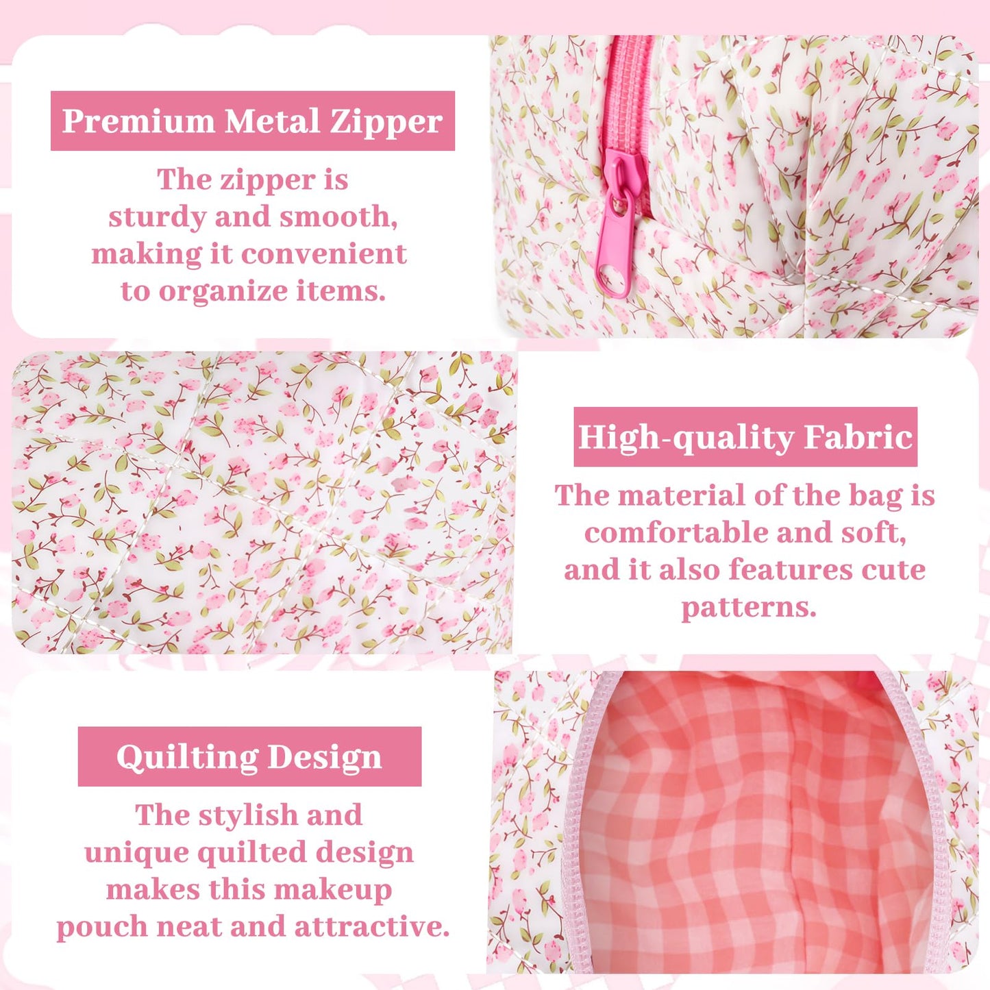 URSKYTOUS Quilted Makeup Bag Floral Large Cute Cosmetic Bag Cotton Puffy Makeup Organizer Coquette Travel Makeup Pouch Aesthetic Portable Zipper Toiletry Storage Bag for Women Girls (Pink)